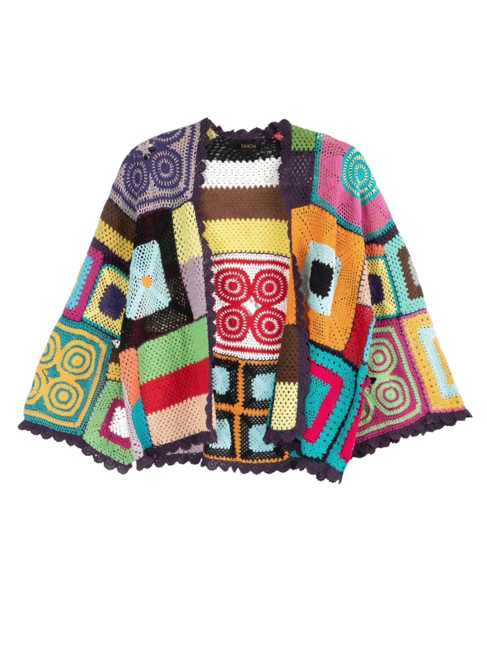 Saachi Granny Square Crochet Cardigan Patchwork Open Front Boho Kimono